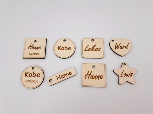 houten label met naam gravure verschillende vormen