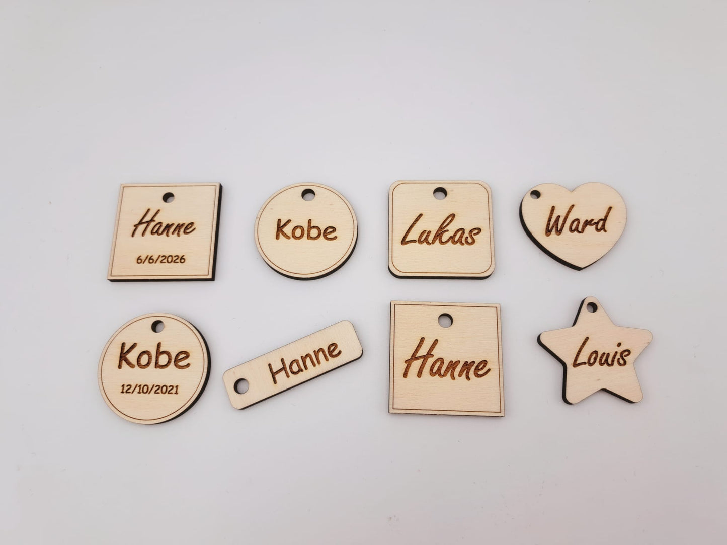 houten label met naam gravure verschillende vormen