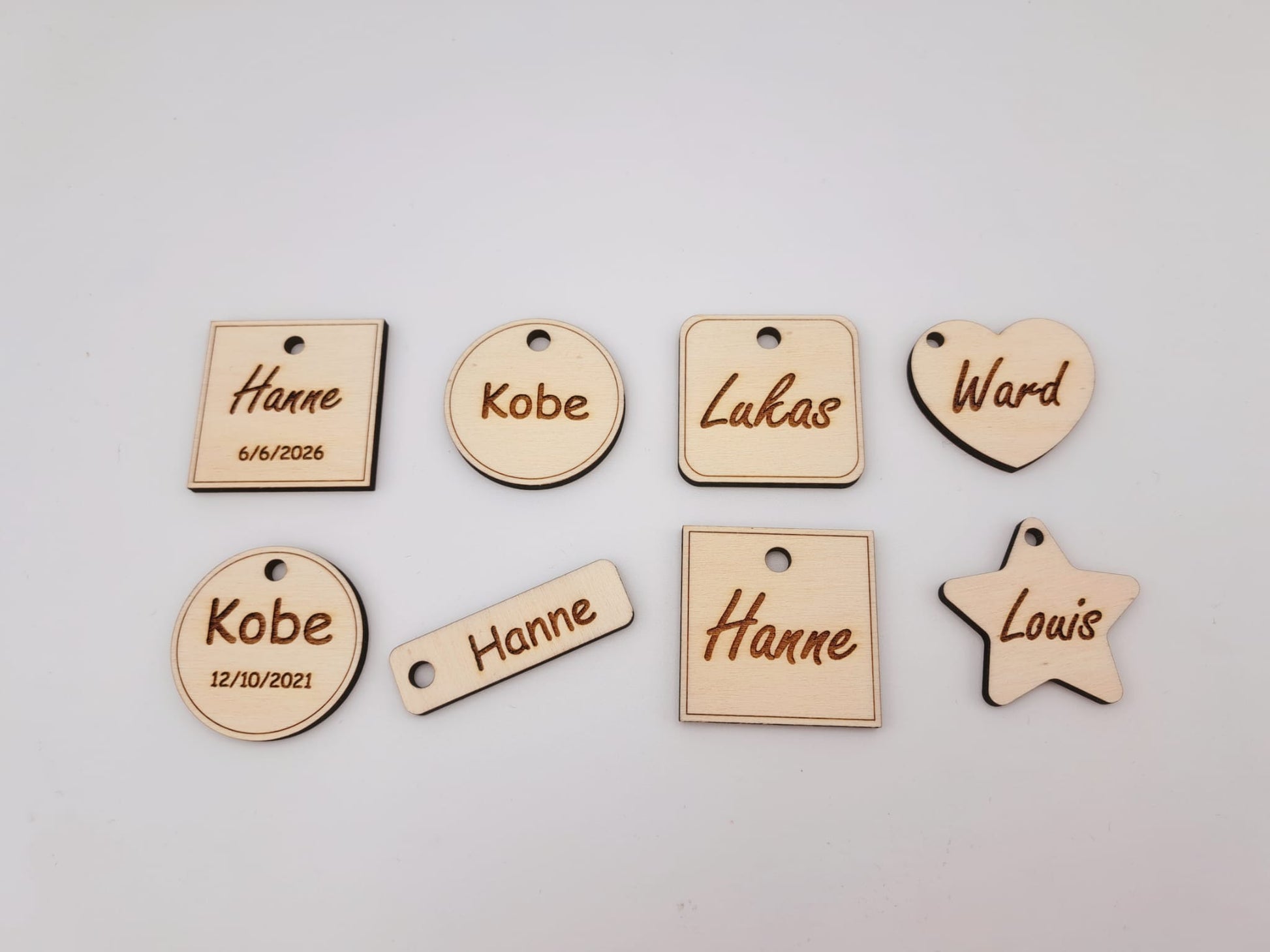 houten label met naam gravure verschillende vormen